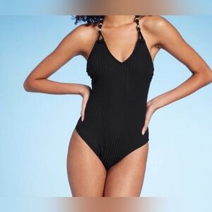 Shade and Shore Black Ribbed One-Piece Swimsuit